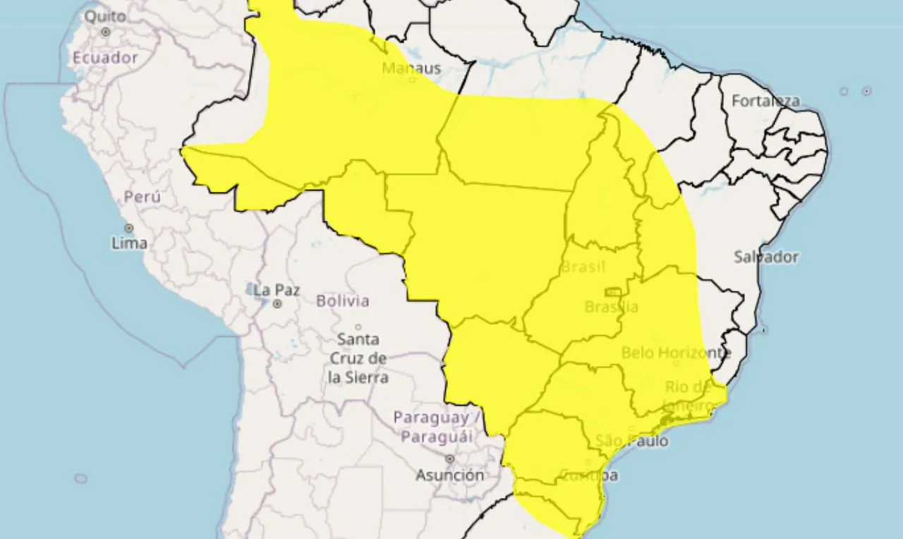 Trata-se de uma alerta amarelo para chuvas e ventos intensos em grande parte do Brasil